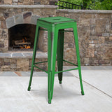 Commercial Grade 30" High Backless Distressed Green Metal Indoor-Outdoor Barstool by Office Chairs PLUS