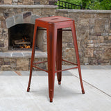 Commercial Grade 30" High Backless Distressed Kelly Red Metal Indoor-Outdoor Barstool by Office Chairs PLUS