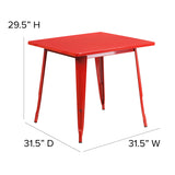 Commercial Grade 31.5" Square Red Metal Indoor-Outdoor Table