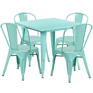 Commercial Grade 31.5" Square Mint Green Metal Indoor-Outdoor Table Set with 4 Stack Chairs by Office Chairs PLUS