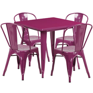 Commercial Grade 31.5" Square Purple Metal Indoor-Outdoor Table Set with 4 Stack Chairs by Office Chairs PLUS