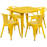 Commercial Grade 31.5" Square Yellow Metal Indoor-Outdoor Table Set with 4 Arm Chairs