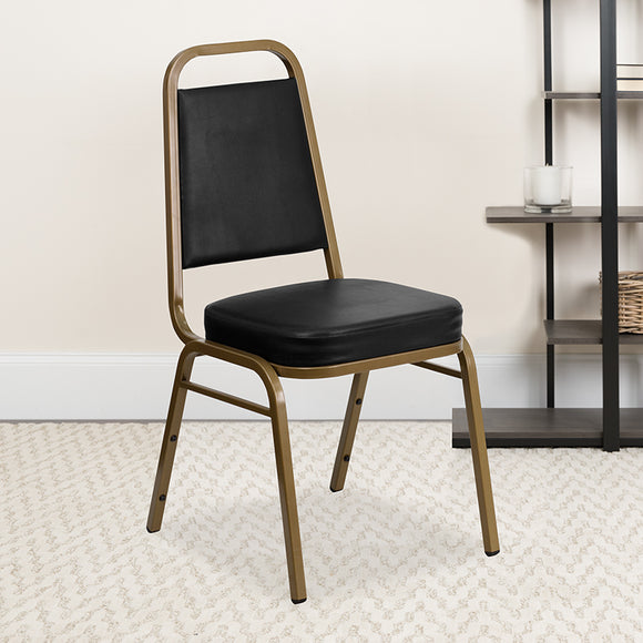 HERCULES Series Trapezoidal Back Stacking Banquet Chair in Black Vinyl - Gold Frame by Office Chairs PLUS
