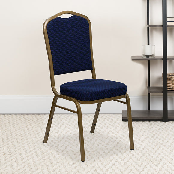 HERCULES Series Crown Back Stacking Banquet Chair in Navy Blue Patterned Fabric - Gold Frame by Office Chairs PLUS
