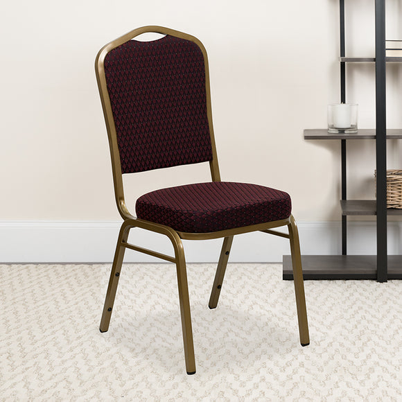 HERCULES Series Crown Back Stacking Banquet Chair in Burgundy Patterned Fabric - Gold Frame by Office Chairs PLUS