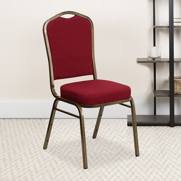 HERCULES Series Crown Back Stacking Banquet Chair in Burgundy Fabric - Gold Vein Frame by Office Chairs PLUS