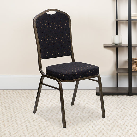 HERCULES Series Crown Back Stacking Banquet Chair in Black Patterned Fabric - Gold Vein Frame by Office Chairs PLUS