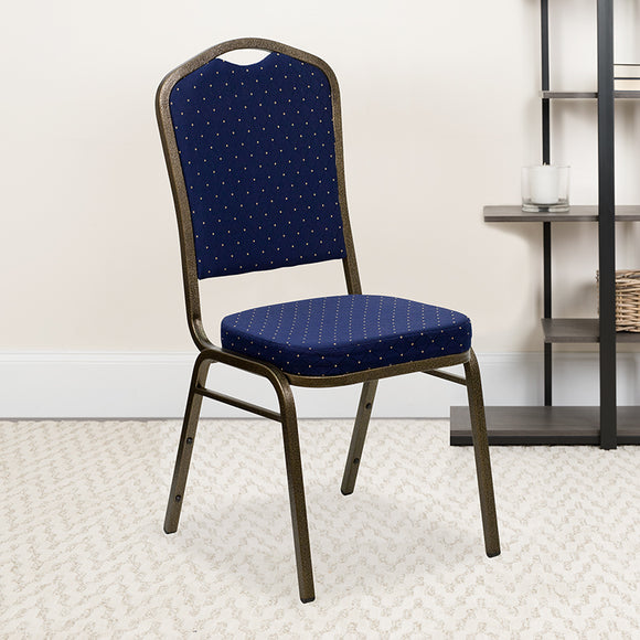 HERCULES Series Crown Back Stacking Banquet Chair in Navy Blue Dot Patterned Fabric - Gold Vein Frame by Office Chairs PLUS