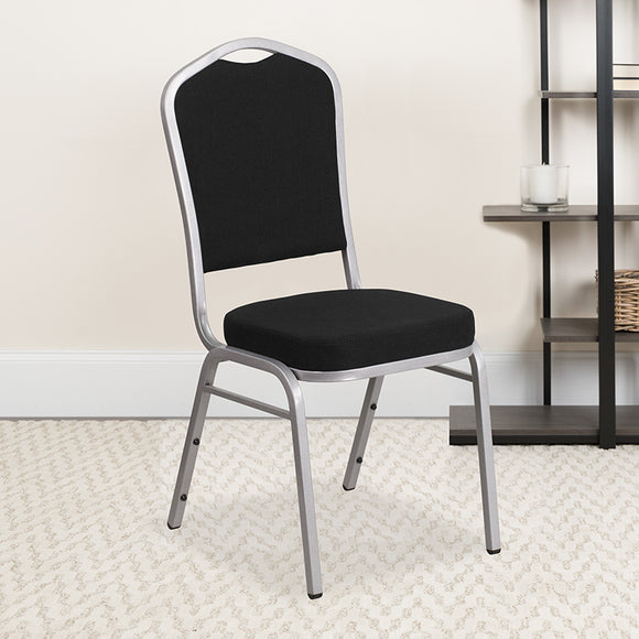 HERCULES Series Crown Back Stacking Banquet Chair in Black Fabric - Silver Frame by Office Chairs PLUS