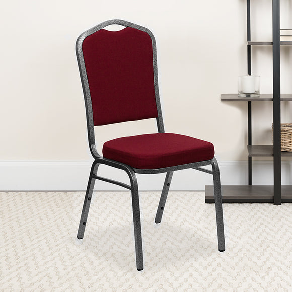 HERCULES Series Crown Back Stacking Banquet Chair in Burgundy Fabric - Silver Vein Frame by Office Chairs PLUS