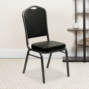 HERCULES Series Crown Back Stacking Banquet Chair in Black Vinyl - Silver Vein Frame by Office Chairs PLUS