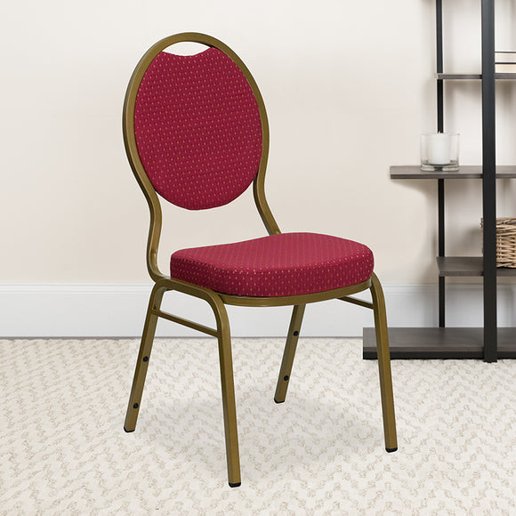 HERCULES Series Teardrop Back Stacking Banquet Chair in Burgundy Patterned Fabric - Gold Frame by Office Chairs PLUS