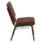 HERCULES Series 18.5''W Church Chair in Brown Fabric with Cup Book Rack - Gold Vein Frame
