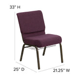 HERCULES Series 21''W Church Chair in Plum Fabric with Cup Book Rack - Gold Vein Frame