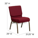 HERCULES Series 21''W Church Chair in Burgundy Fabric with Cup Book Rack - Gold Vein Frame