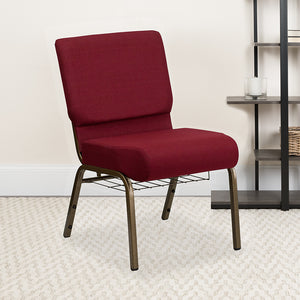 HERCULES Series 21''W Church Chair in Burgundy Fabric with Cup Book Rack - Gold Vein Frame by Office Chairs PLUS