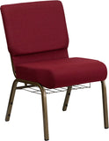 HERCULES Series 21''W Church Chair in Burgundy Fabric with Cup Book Rack - Gold Vein Frame
