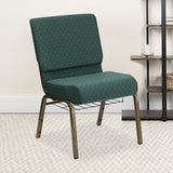 HERCULES Series 21''W Church Chair in Hunter Green Dot Patterned Fabric with Book Rack - Gold Vein Frame by Office Chairs PLUS