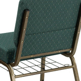 HERCULES Series 21''W Church Chair in Hunter Green Dot Patterned Fabric with Book Rack - Gold Vein Frame