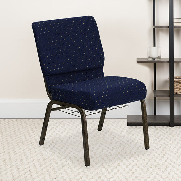 HERCULES Series 21''W Church Chair in Navy Blue Dot Patterned Fabric with Book Rack - Gold Vein Frame by Office Chairs PLUS