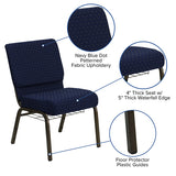 HERCULES Series 21''W Church Chair in Navy Blue Dot Patterned Fabric with Book Rack - Gold Vein Frame