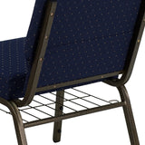 HERCULES Series 21''W Stacking Church Chair in Navy Blue Dot Patterned Fabric - Gold Vein Frame