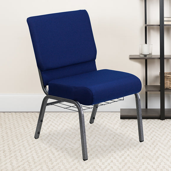 HERCULES Series 21''W Church Chair in Navy Blue Fabric with Cup Book Rack - Silver Vein Frame by Office Chairs PLUS