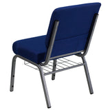 HERCULES Series 21''W Church Chair in Navy Blue Fabric with Cup Book Rack - Silver Vein Frame