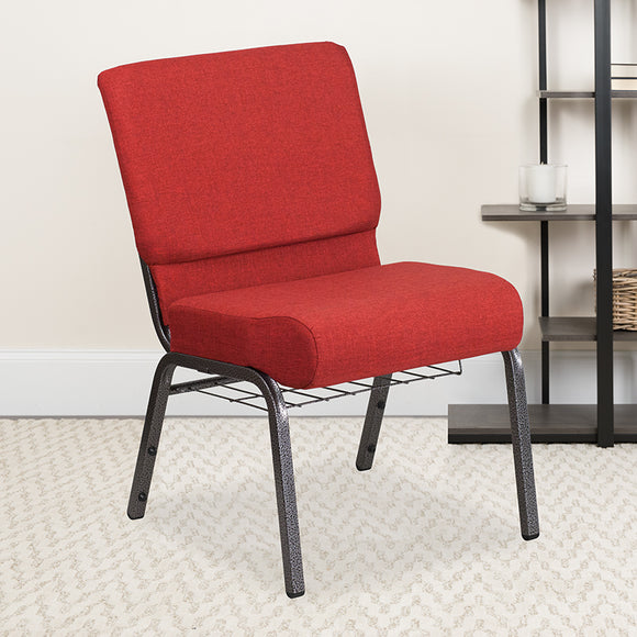 HERCULES Series 21''W Church Chair in Crimson Fabric with Cup Book Rack - Silver Vein Frame by Office Chairs PLUS