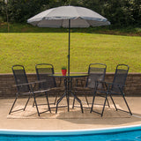 Nantucket 6 Piece Black Patio Garden Set with Table, Umbrella and 4 Folding Chairs GM-202012-BK-GG