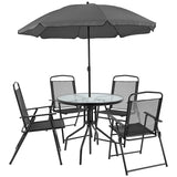 Nantucket 6 Piece Black Patio Garden Set with Table, Umbrella and 4 Folding Chairs 