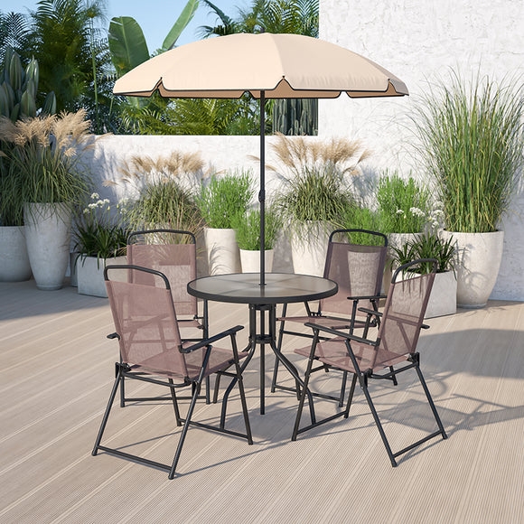 Nantucket 6 Piece Brown Patio Garden Set with Umbrella Table and Set of 4 Folding Chairs by Office Chairs PLUS