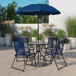 Nantucket 6 Piece Navy Patio Garden Set with Umbrella Table and Set of 4 Folding Chairs by Office Chairs PLUS