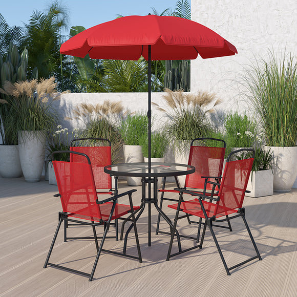 Nantucket 6 Piece Red Patio Garden Set with Umbrella Table and Set of 4 Folding Chairs by Office Chairs PLUS