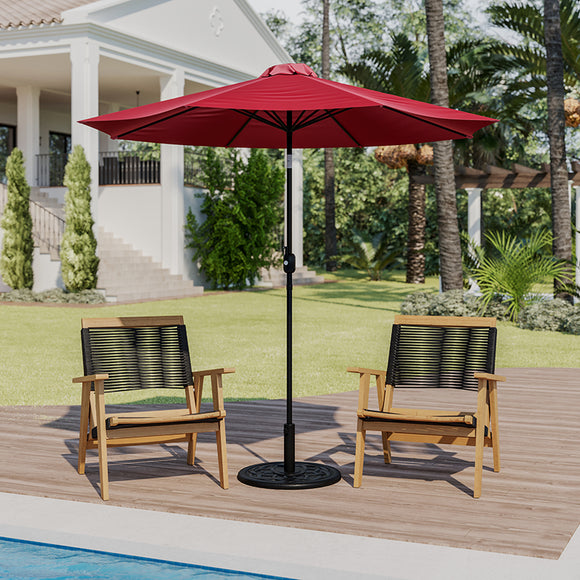 Red 9 FT Round Umbrella with Crank and Tilt Function and Standing Umbrella Base by Office Chairs PLUS