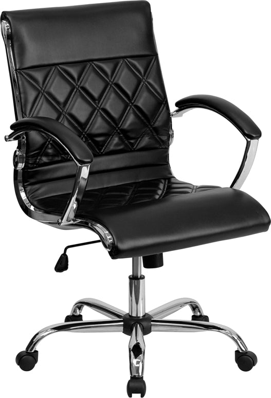 Mid-Back Designer Black LeatherSoft Executive Swivel Office Chair with Chrome Base and Arms by Office Chairs PLUS