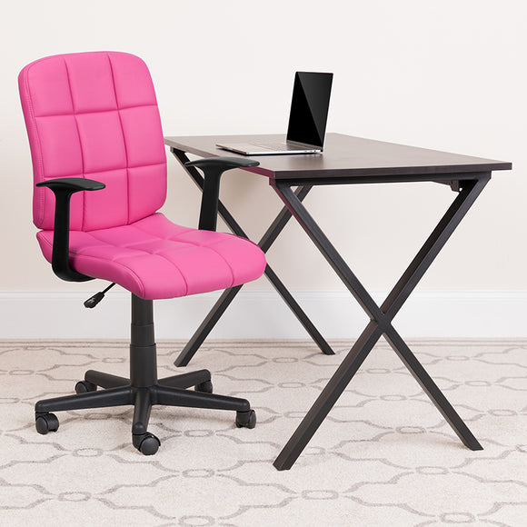 Mid-Back Pink Quilted Vinyl Swivel Task Office Chair with Arms by Office Chairs PLUS