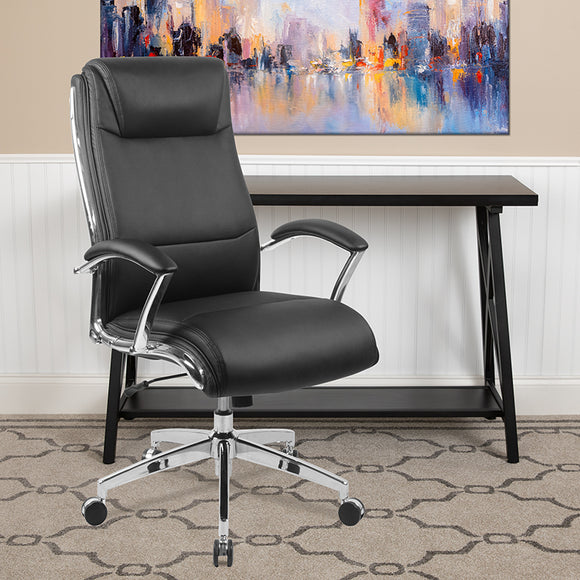 High Back Designer Black LeatherSoft Smooth Upholstered Executive Swivel Office Chair with Chrome Base and Arms by Office Chairs PLUS