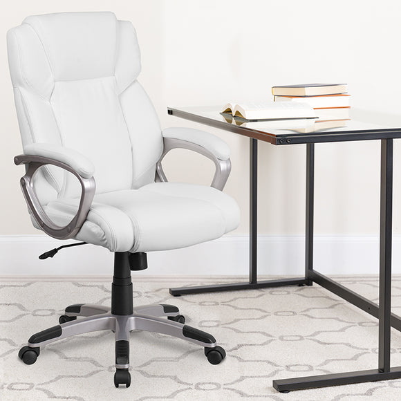 Mid-Back White LeatherSoft Executive Swivel Office Chair with Padded Arms by Office Chairs PLUS