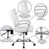 White Leather Office Chair with Arms and Wheels | High Back Office Chair