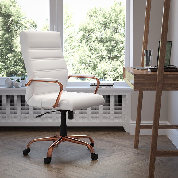 High Back White LeatherSoft Executive Swivel Office Chair with Rose Gold Frame and Arms by Office Chairs PLUS