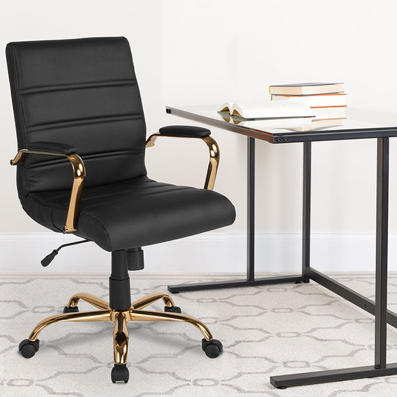 Mid-Back Black LeatherSoft Executive Swivel Office Chair with Gold Frame and Arms by Office Chairs PLUS