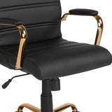 Mid-Back Black LeatherSoft Executive Swivel Office Chair with Gold Frame and Arms