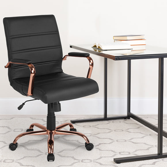 Mid-Back Black LeatherSoft Executive Swivel Office Chair with Rose Gold Frame and Arms by Office Chairs PLUS