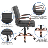 Mid-Back Black LeatherSoft Executive Swivel Office Chair with Rose Gold Frame and Arms