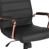 Mid-Back Black LeatherSoft Executive Swivel Office Chair with Rose Gold Frame and Arms