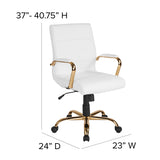 Mid-Back White LeatherSoft Executive Swivel Office Chair with Gold Frame and Arms