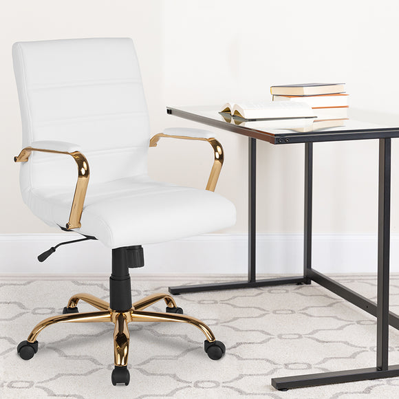 Mid-Back White LeatherSoft Executive Swivel Office Chair with Gold Frame and Arms by Office Chairs PLUS