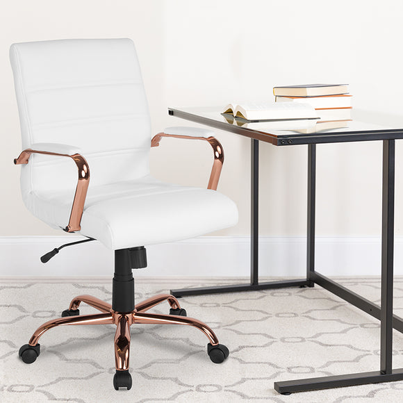 Mid-Back White LeatherSoft Executive Swivel Office Chair with Rose Gold Frame and Arms by Office Chairs PLUS