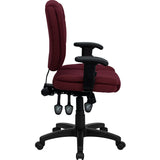 Mid-Back Burgundy Fabric Multifunction Swivel Ergonomic Task Office Chair with Pillow Top Cushioning and Arms